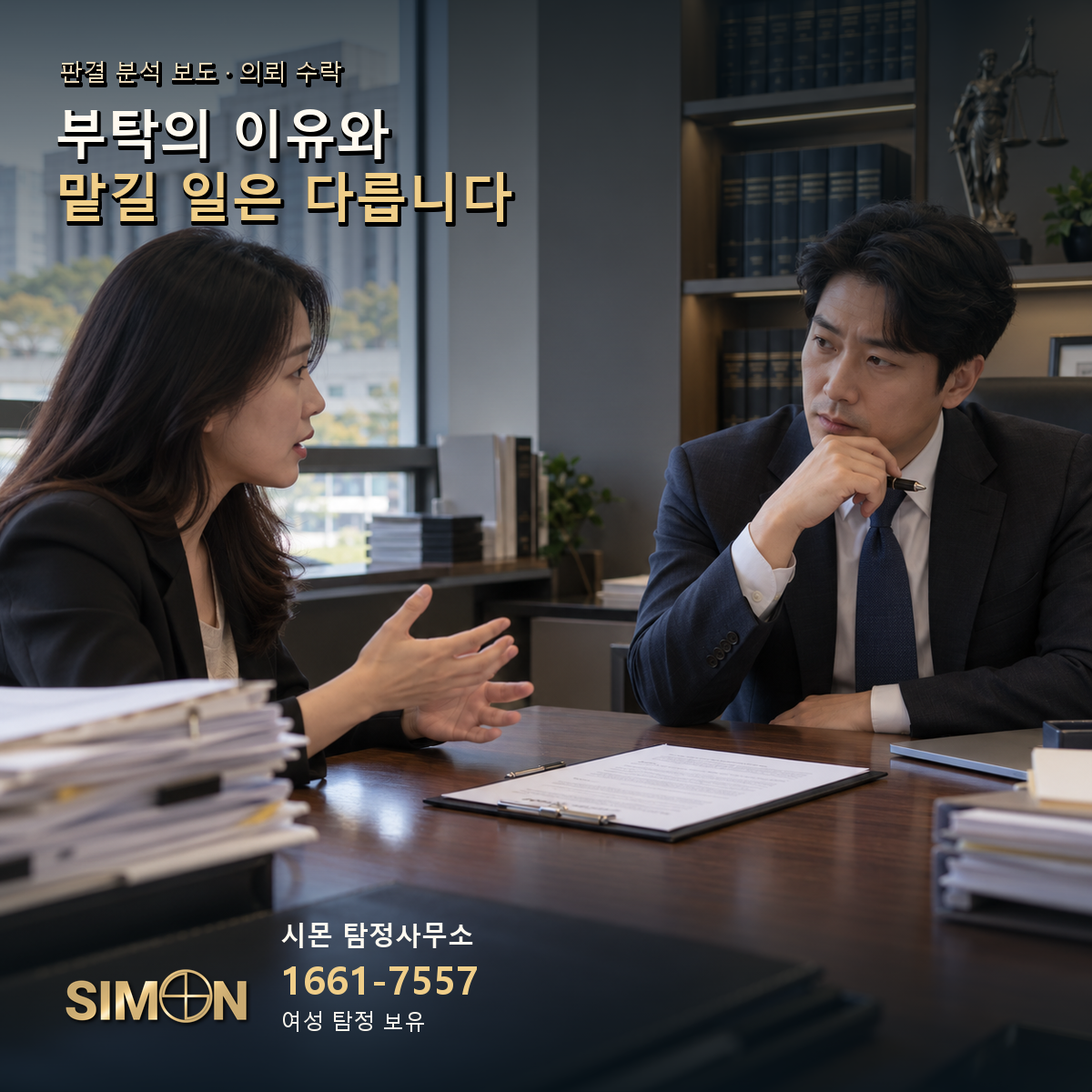 의뢰 수락: 부탁의 이유와 맡길 일은 다릅니다. 기사 맥락을 시각화한 생성 이미지. 시몬 탐정사무소 1661-7557.