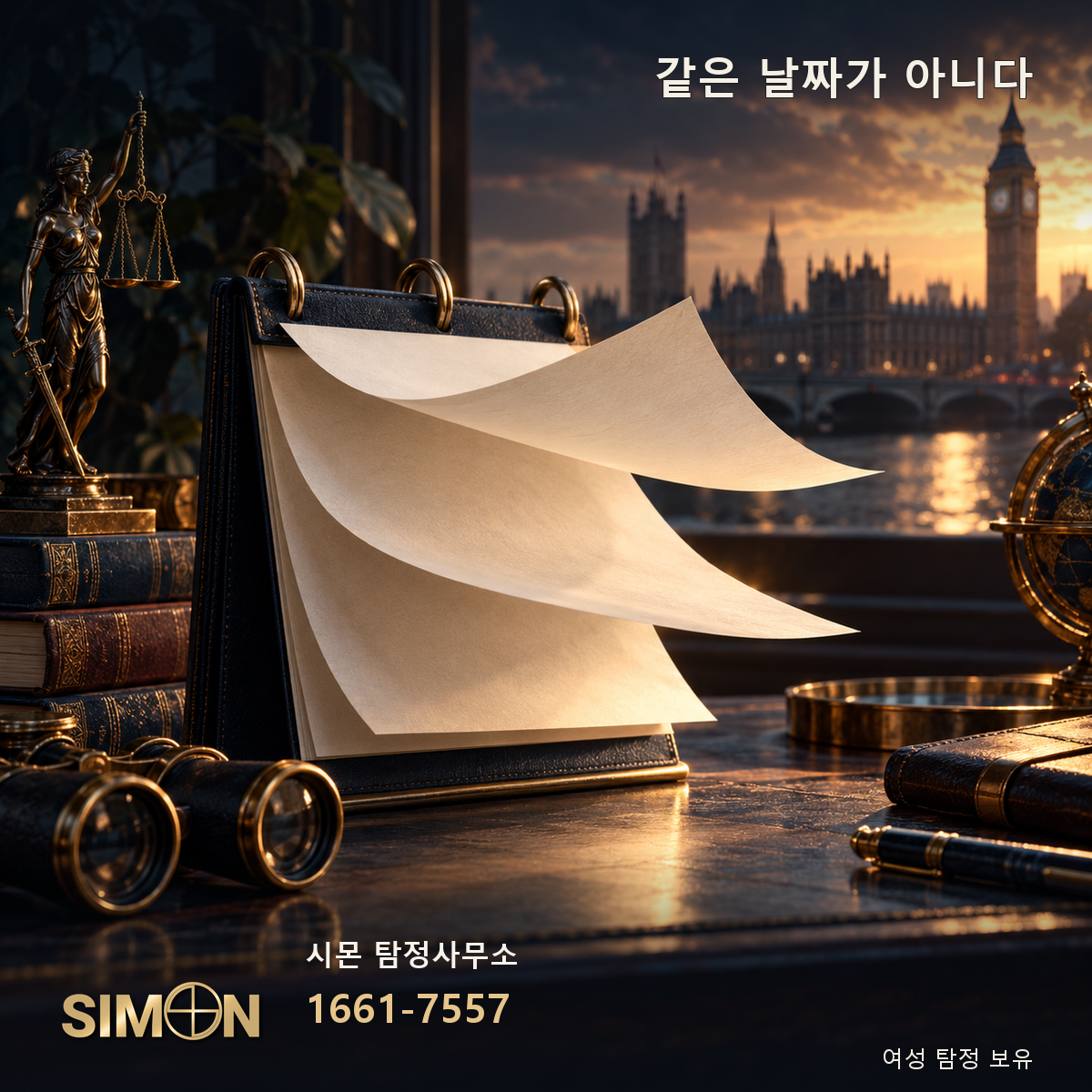 ‘같은 날짜가 아니다’ 주제의 상징 편집 이미지. 시몬 탐정사무소 1661-7557.