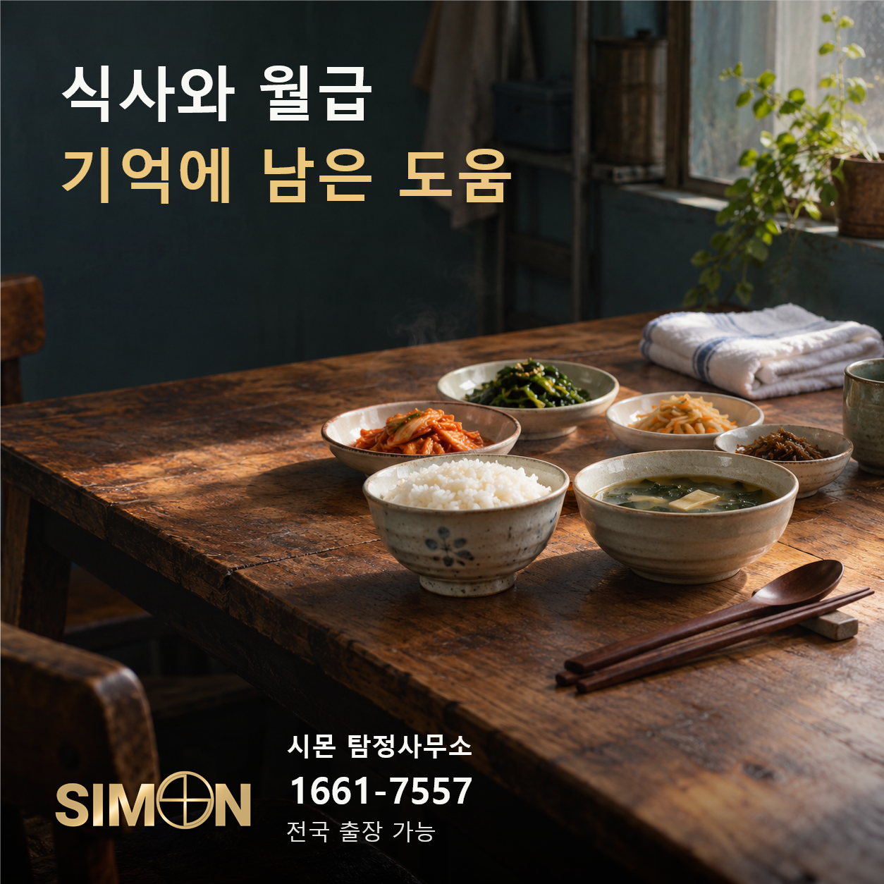 나무 식탁 위 밥과 국, 반찬이 담긴 식기