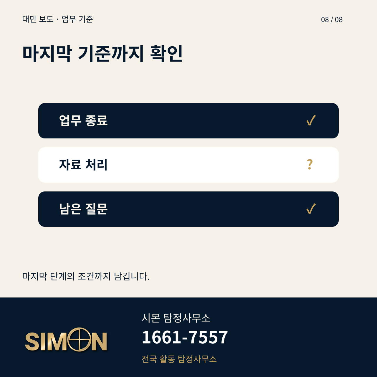 시몬 탐정사무소의 마지막 기준까지 확인 안내 이미지. 대표번호 1661-7557.