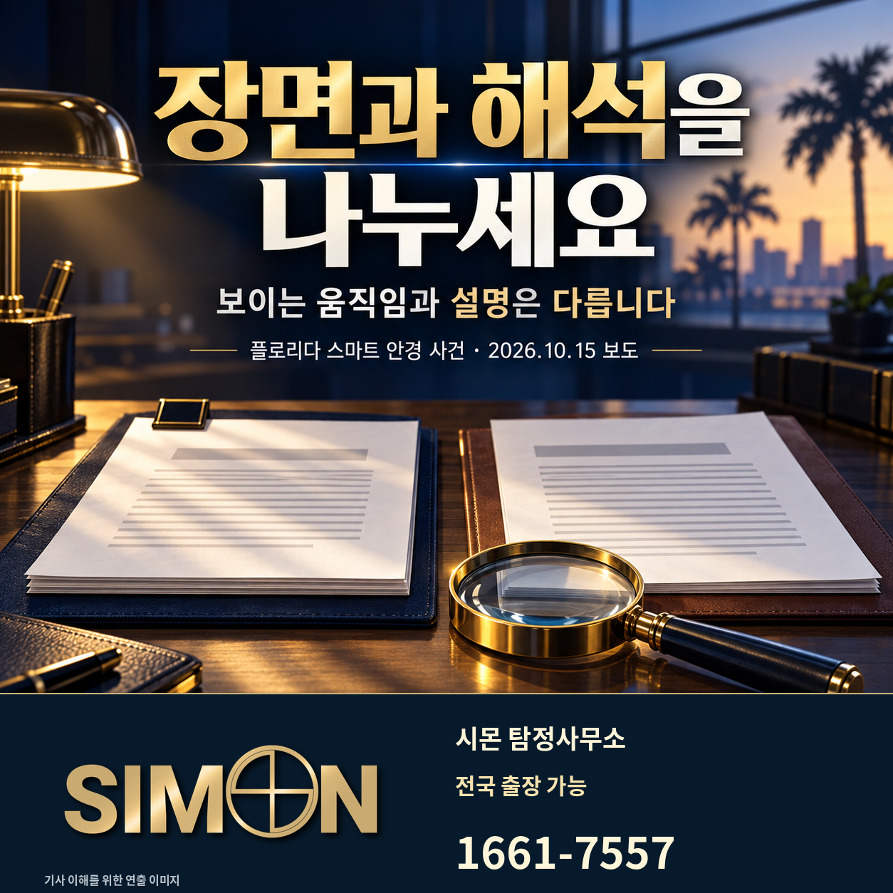 두 서류 묶음과 돋보기를 배경으로 장면과 해석, 보이는 움직임과 설명을 구분하라고 안내하는 시몬 탐정사무소 이미지. 대표번호 1661-7557.