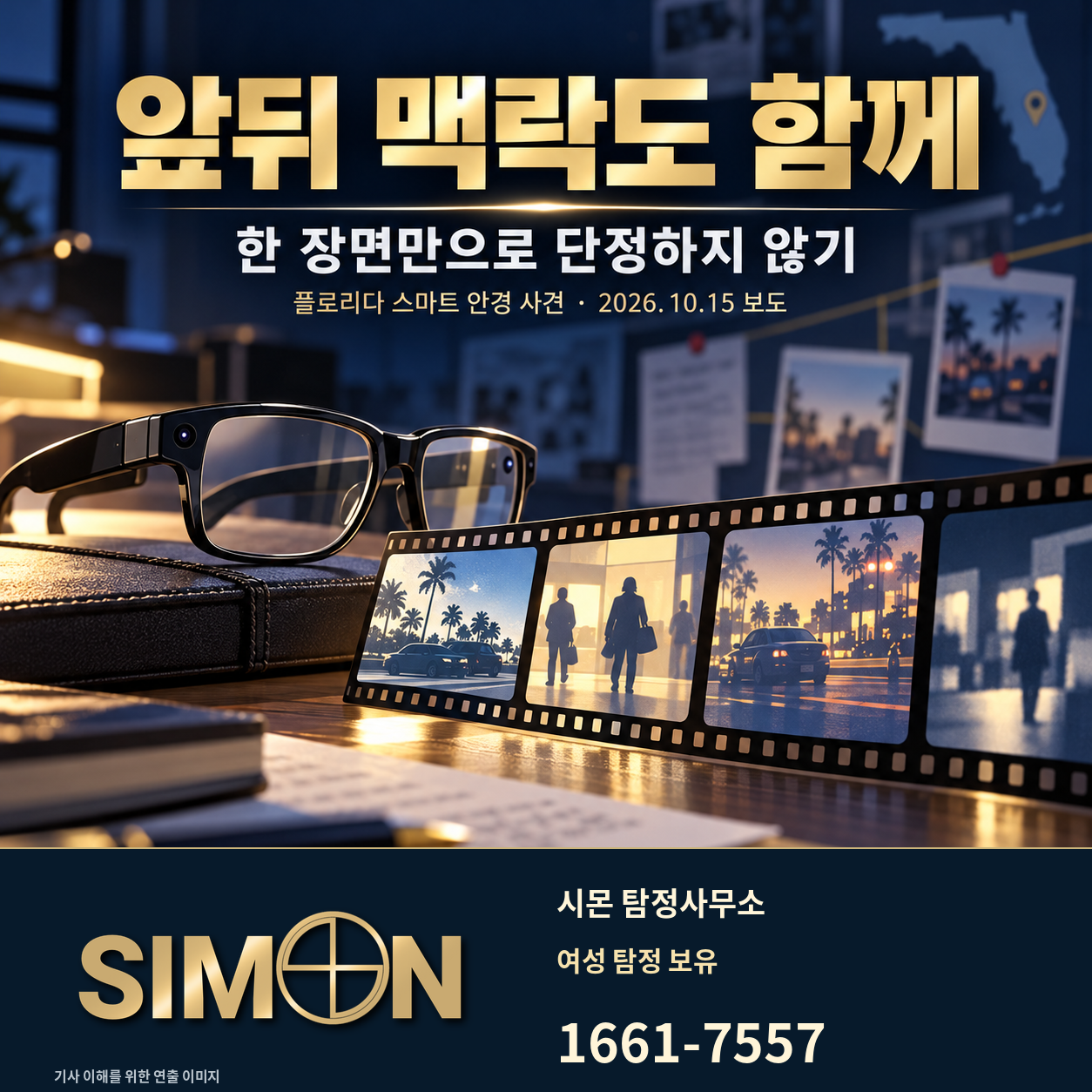 스마트 안경과 여러 장면을 담은 필름 띠로 한 장면만 보고 단정하지 말고 앞뒤 맥락을 살피라고 안내하는 시몬 탐정사무소 이미지. 대표번호 1661-7557.