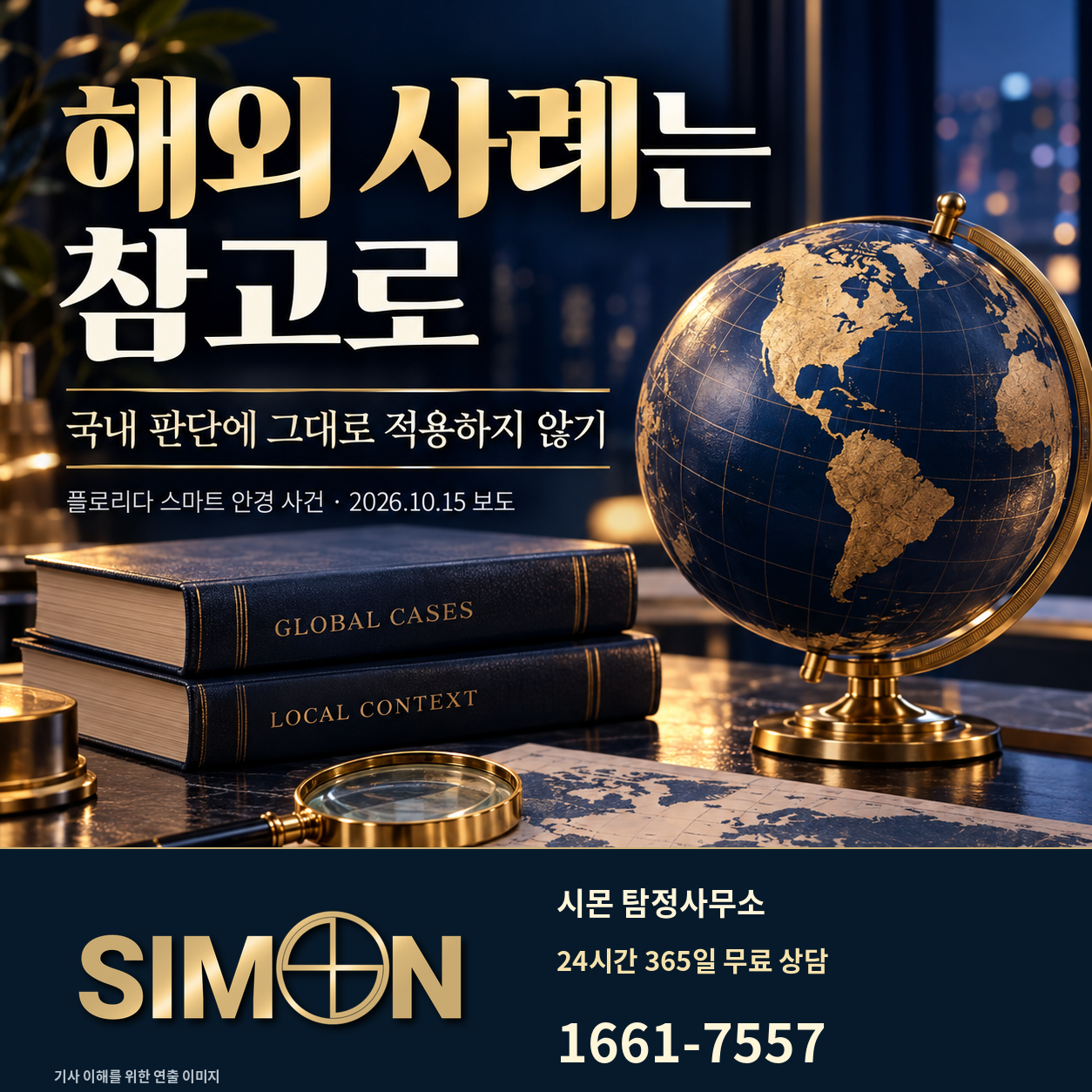 지구본과 해외 사례·국내 맥락을 상징하는 서적을 배경으로 해외 사례를 국내 판단에 그대로 적용하지 말라고 안내하는 시몬 탐정사무소 이미지. 대표번호 1661-7557.