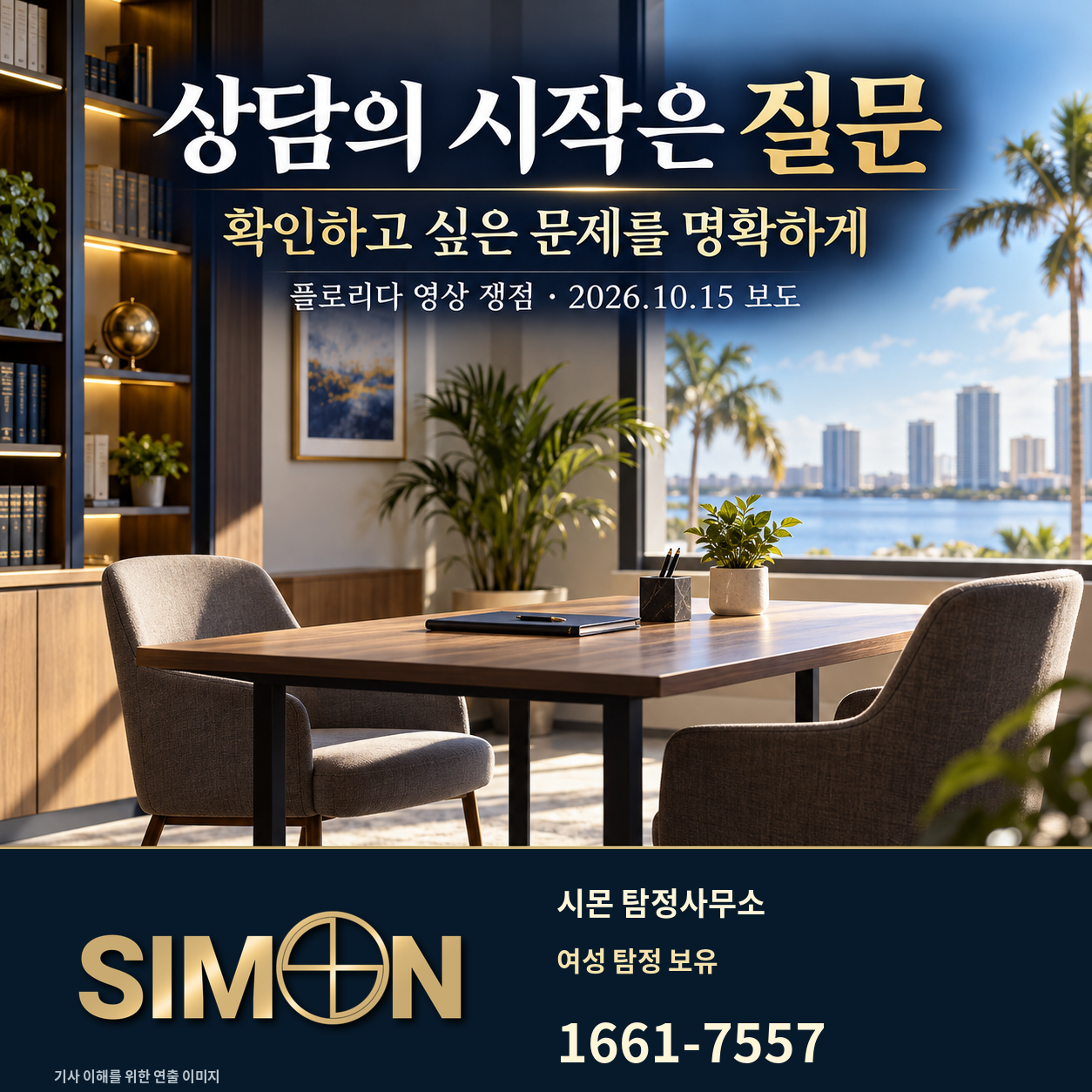 빈 상담 공간을 배경으로 확인하고 싶은 문제를 명확히 하고 질문부터 상담을 시작하라고 안내하는 시몬 탐정사무소 이미지. 대표번호 1661-7557.