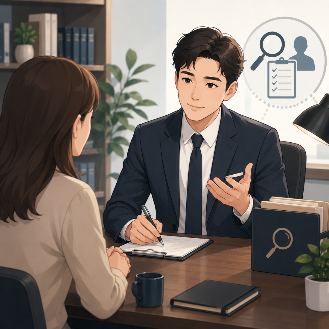 전문 상담이 이루어지는 시몬 탐정 사무실