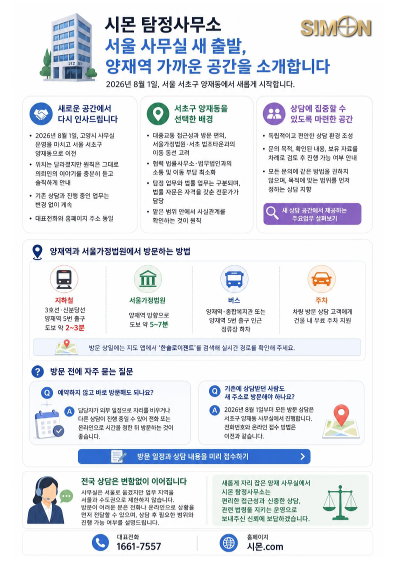 시몬 탐정사무소 서초구 사무실 이전 안내