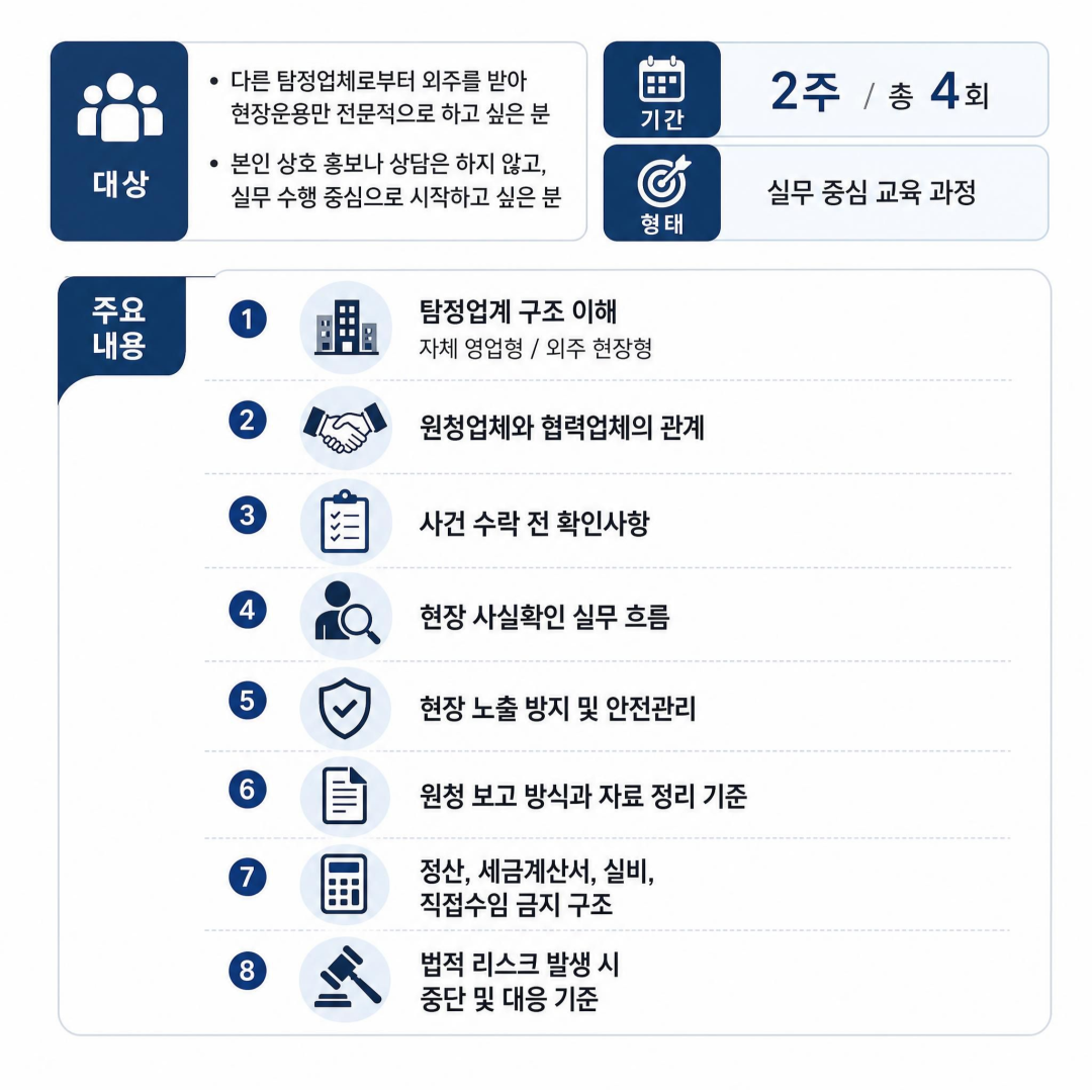 탐정업 B2B 현장운용 실무 과정 대상 기간 비용 주요 내용 안내